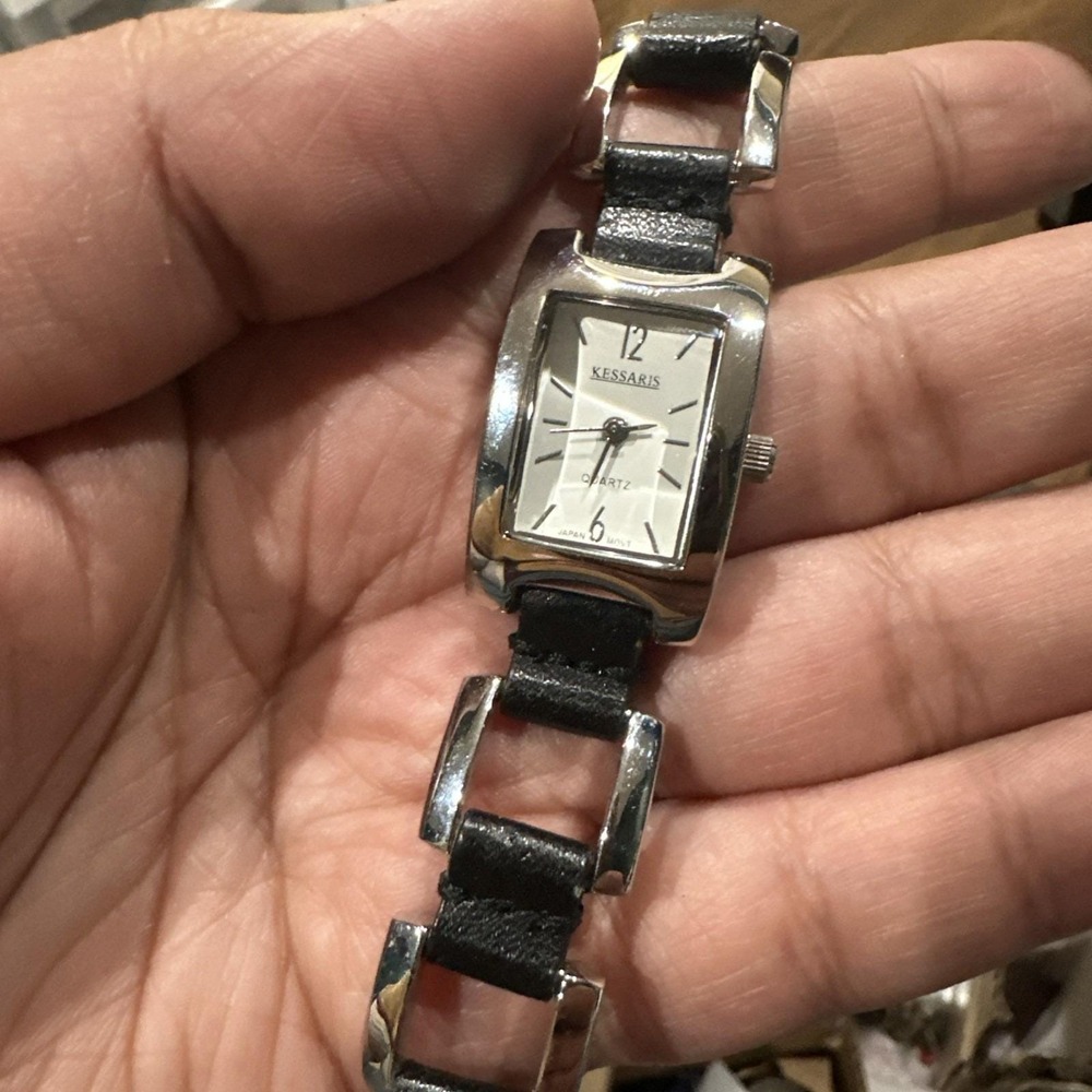 Working Kessaris Women's watch Silver/Black Rectangle Fancy Leather Strap Fit 7"
